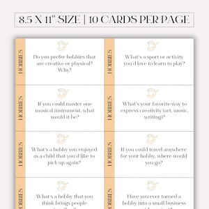 May include: Ten printable cards with conversation starters about hobbies. The cards are 8.5 inches by 11 inches and feature a paint palette icon.