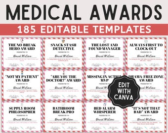 May include: A set of 12 printable medical award certificates with funny titles like "The No-Break Hero Award" and "Snack Stash Detective". The certificates are designed with a pink and white striped background and feature a variety of medical-themed icons. The text "Edit with Canva" is displayed in a black box at the bottom of the image.