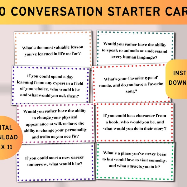 500 Conversation Starters, Printable Conversation Cards, Road Trip Conversation Cards, Get to Know You Questions, Icebreaker Games