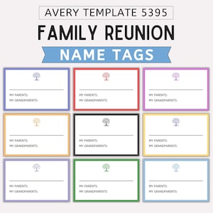 Puede incluir: Un conjunto de nueve etiquetas de nombre rectangulares para una reunión familiar, compatibles con la plantilla Avery 5395. Cada etiqueta presenta un icono de árbol pequeño, una línea en blanco para un nombre y el texto MY PARENTS: y MY GRANDPARENTS:.