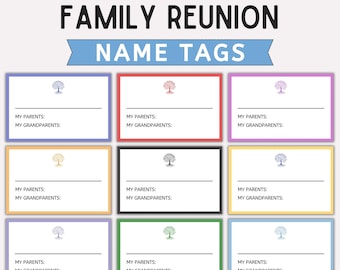 Naamkaartjes voor familiereünie, Avery-sjabloon, naamkaartjes voor reünies, kleurgecodeerde takken, naamkaartjes voor schoonfamilie, familiereüniefeest, direct te downloaden