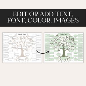 May include: A printable family tree template with two versions. The first version is a blank template with a gray tree silhouette. The second version has a green tree silhouette with filled-in boxes. The text "Family Tree" is at the top of both versions.