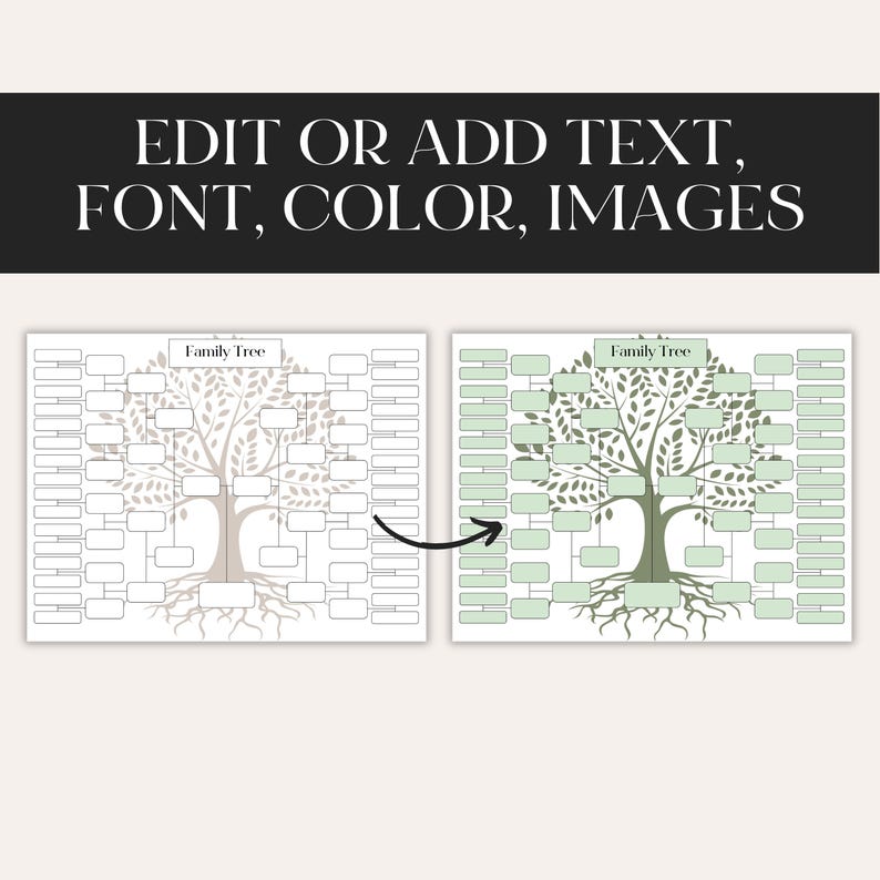 May include: A printable family tree template with two versions. The first version is a blank template with a gray tree silhouette. The second version has a green tree silhouette with filled-in boxes. The text "Family Tree" is at the top of both versions.