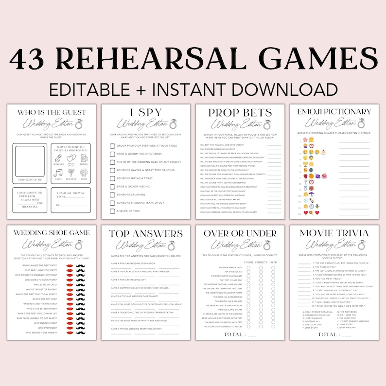 Wedding Rehearsal Games, Wedding Rehearsal Bundle, Wedding Table
