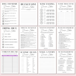 May include: A set of printable game cards for a divorce party. The cards feature various games such as "Roll and Share", "Bucket List", "Wine Tasting", "Name That Tune", "Drink Dice", "Minute to Win It", "What's in Your Purse", "Plate on Your Head", "Corks in the Jar", "Iconic Duos", "Make a Story", and "Scavenger Hunt".