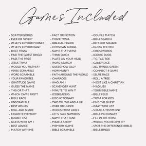 May include: A list of games titled "Games Included" in a handwritten style font. The list includes various trivia, word games, and activities such as "Bible Trivia", "Charades", and "Minute to Win It". The background is a light beige color.