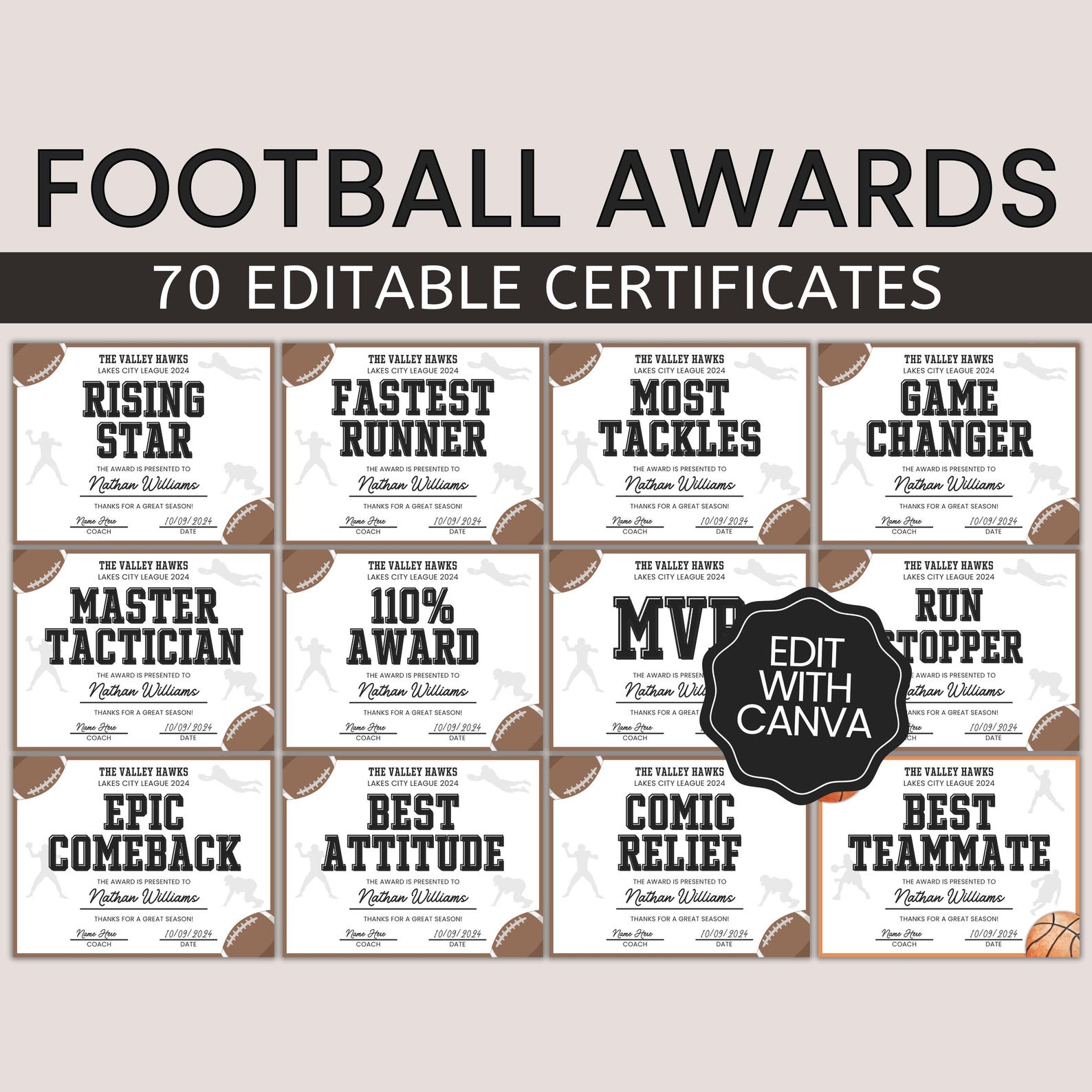 Editable Football Award Certificates American Football Team Awards