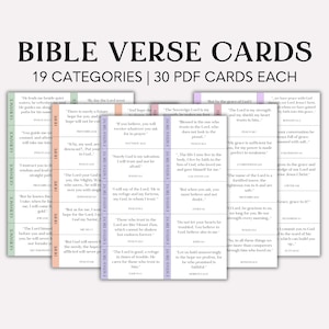 May include: Bible verse cards with 19 categories and 30 PDF cards each. The cards feature various Bible verses on guidance, hope, and faith. The cards have a white background with colorful accents.