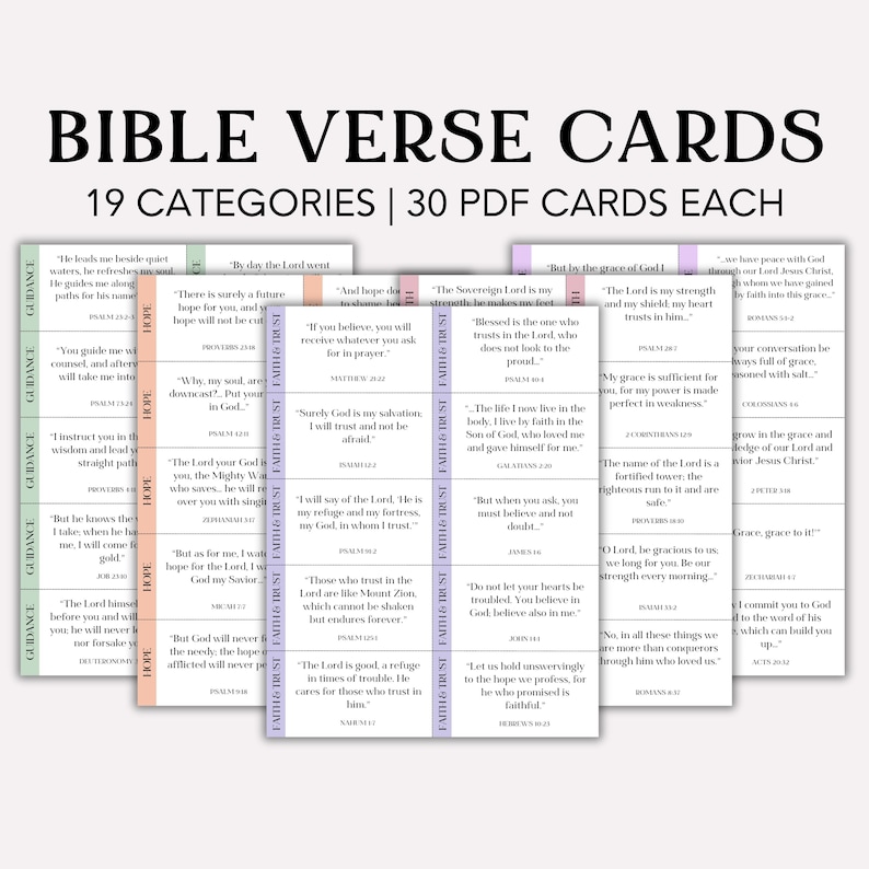 May include: Bible verse cards with 19 categories and 30 PDF cards each. The cards feature various Bible verses on guidance, hope, and faith. The cards have a white background with colorful accents.