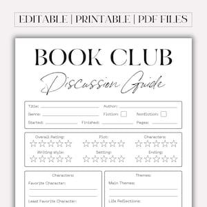 K&ouml;nnte beinhalten: Ein druckbarer Diskussionsleitfaden f&uuml;r Buchclubs auf wei&szlig;em Papier. Der Leitfaden enth&auml;lt Abschnitte f&uuml;r Titel, Autor, Genre und Bewertung. Der Text "BOOK CLUB Discussion Guide" steht oben. Das Dokument ist mit "EDITABLE | PRINTABLE | PDF FILES" gekennzeichnet.