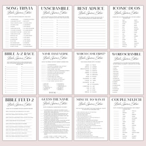 May include: A collection of printable Bible games, including trivia, unscramble, and matching games. Each game card features a title in a decorative font and is set against a white background. The games are designed for group play.