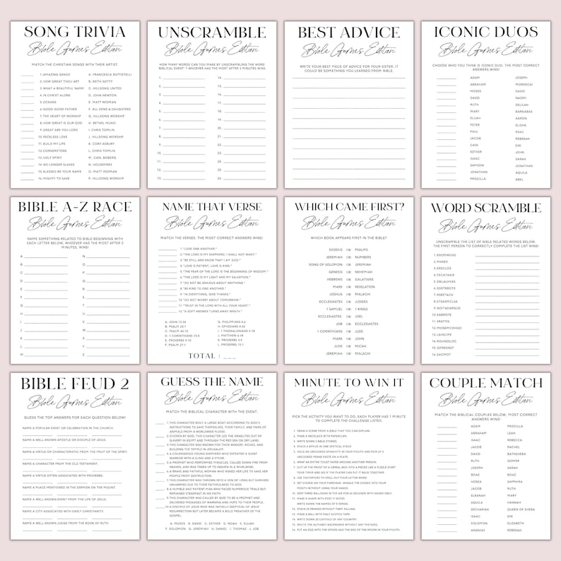 May include: A collection of printable Bible games, including trivia, unscramble, and matching games. Each game card features a title in a decorative font and is set against a white background. The games are designed for group play.