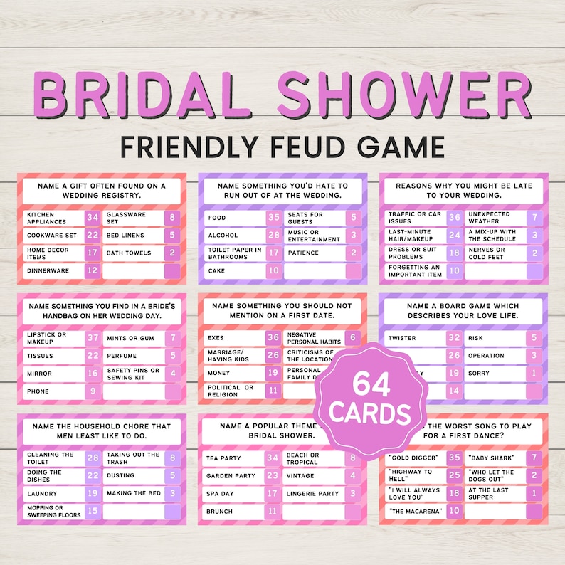 May include: A pink and purple game card set for a bridal shower. The cards feature a friendly feud game with questions about wedding traditions, first dates, and household chores. The cards are decorated with pink and purple hearts and flowers.