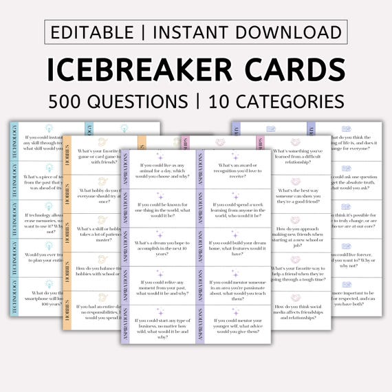 500 Icebreaker Questions: Printable Conversation Starter Cards, Conversation Topics,  Get To Know You, Question Cards, (PDF)