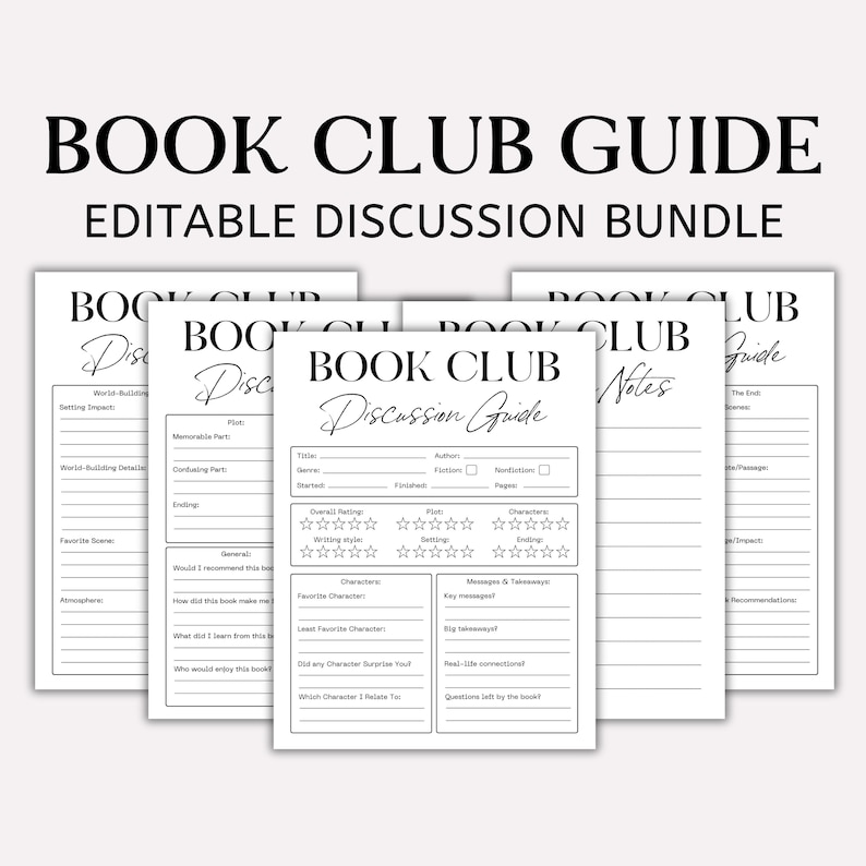 K&ouml;nnte beinhalten: Ein Stapel wei&szlig;er, bedruckbarer Diskussionsleitf&auml;den f&uuml;r Buchclubs mit schwarzem Text. Die Leitf&auml;den enthalten Abschnitte f&uuml;r Handlung, Charaktere und Notizen. Der Titel "BOOK CLUB GUIDE" steht oben, darunter "EDITABLE DISCUSSION BUNDLE".