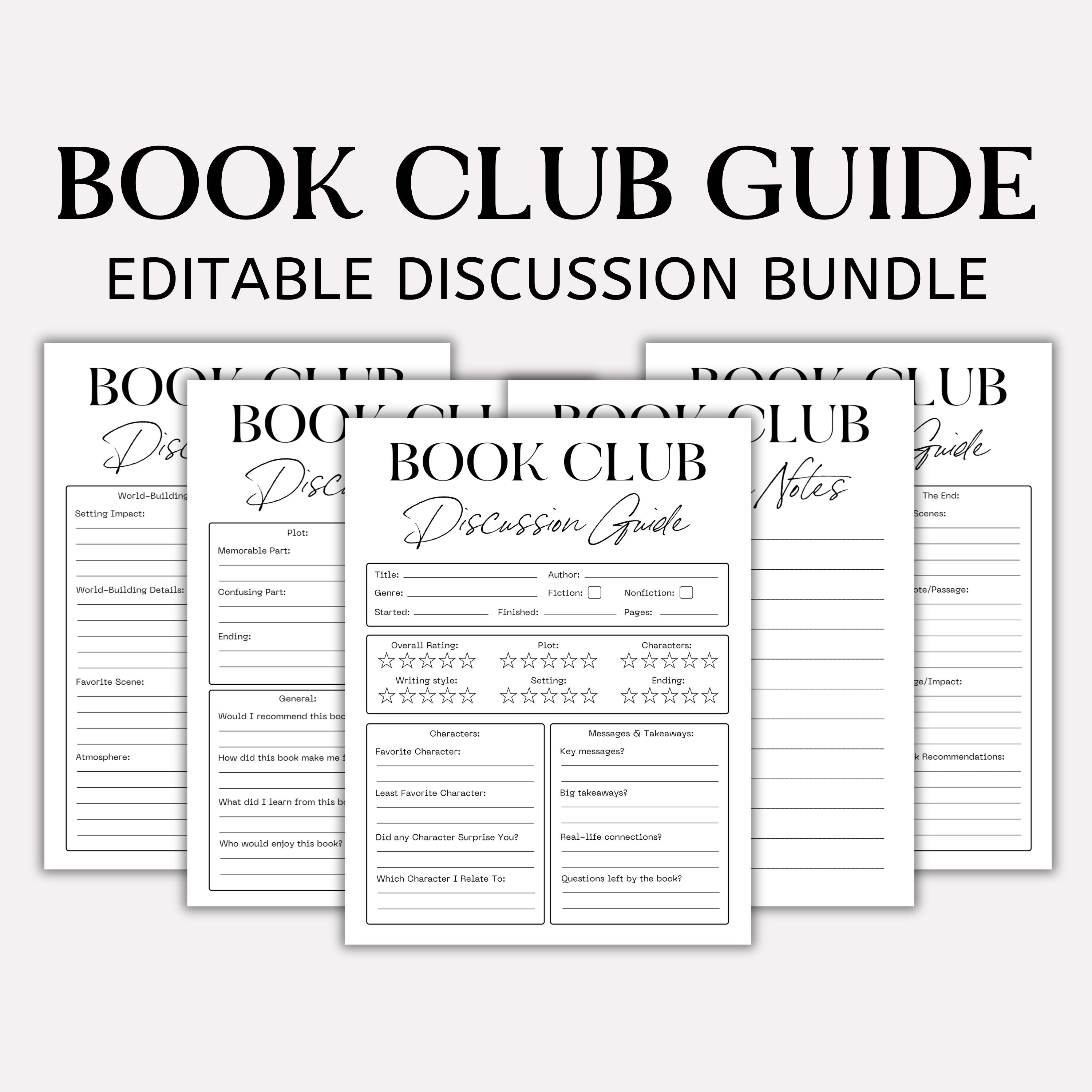 Editable Book Club Discussion Guide, Book Review Guide, Book Club Questions, Book Club Notes, Book Club Discussion Bundle