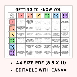 Puede incluir: Un tablero de juego imprimible para "conocerte mejor" con un dise&ntilde;o de dados colorido. El tablero est&aacute; dividido en una cuadr&iacute;cula de 36 casillas, cada una con una pregunta para hacerle a alguien. Las preguntas est&aacute;n dise&ntilde;adas para ayudar a las personas a conocerse mejor.