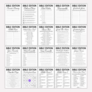 May include: A collection of printable Bible-themed game sheets. Each sheet features a different game, such as trivia, word scrambles, and fill-in-the-blank activities. The sheets are black and white with the words "Bible Edition" at the top.