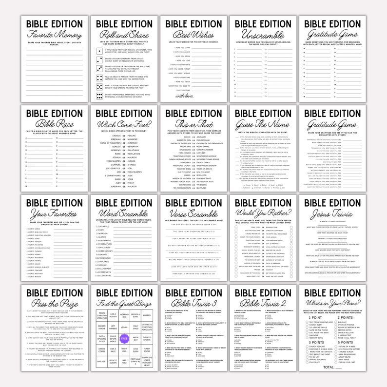 May include: A collection of printable Bible-themed game sheets. Each sheet features a different game, such as trivia, word scrambles, and fill-in-the-blank activities. The sheets are black and white with the words "Bible Edition" at the top.
