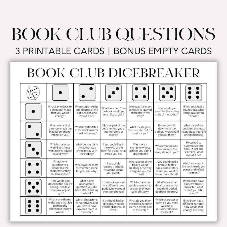 K&ouml;nnte beinhalten: Ein schwarz-wei&szlig;es druckbares Buchclub-W&uuml;rfelspiel mit 36 Fragen &uuml;ber B&uuml;cher. Die Fragen sind in einem Raster mit sechs Zeilen und sechs Spalten angeordnet. Jede Zeile hat eine andere Frage, und jede Spalte hat eine andere Frage. Die Fragen sollen Gespr&auml;che und Diskussionen &uuml;ber B&uuml;cher anregen.