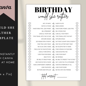 Birthday &#39;Would She Rather&#39; Game: Canva Template (5x7&quot; Digital Download)