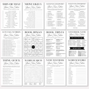 May include: A printable black and white game sheet with a book club theme. The sheet is divided into 10 sections with different game ideas, such as "This or That", "Most Likely", "What's in Your Purse?", "What's on Your Phone?", "Let's Talk Numbers", "Book Bingo", "Book Trivia", "Your Book Name", "Think Quick", "Word Search", "Name That Book", and "Word Scramble".