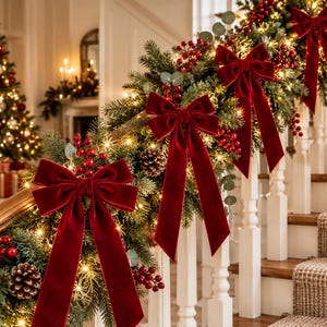 May include: A Christmas garland draped along a staircase railing, featuring deep red velvet bows, clusters of red berries, pinecones, and green pine needles. The garland is illuminated by warm white string lights, creating a festive display.