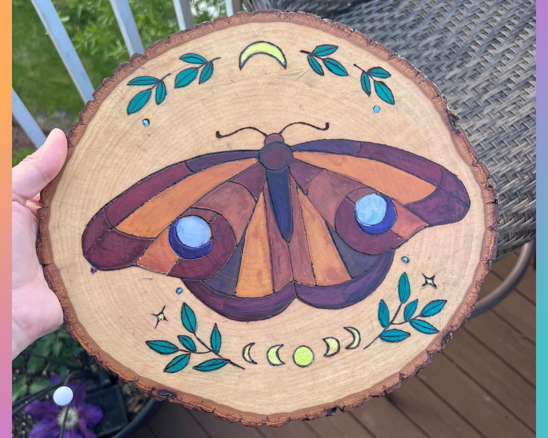 Wood Burning Art Wood Burnt Moth Design Celestial Wall Etsy
