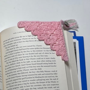 May include: A pink crocheted bookmark with a tassel hangs from a book titled "The Lincoln ..." The text on the page reads "This must be who you were named for, Ulysses. And though Ulysses had heard his name spoken ten thousand..."