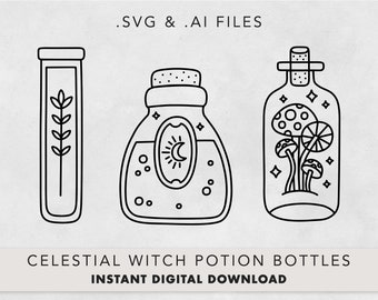 Celestial Witchy Potion Bottles SVG, Cute Mushroom, Moon & Stars Potions, SVG/AI File, Instant Download, Cut Files For Cricut / Laser