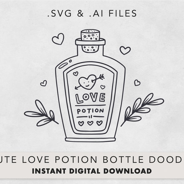 Hand Drawn Love Potion Bottle, Arrow Heart Smiley & Branches, Cute Doodle Potion, SVG/AI File, Instant Download, Cut Files For Cricut/Laser