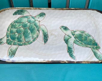 Coral Reef Sea Life Coastal Ocean / Kitchen Party BBQ Melamine Plastic Rectangle Shaped Serving Tray 10 x 14 Sea Turtle 