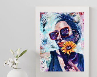 Expressive Print Portrait, Giclee Mixed Media Print, Wall Decor, Wall Art, Art Print, Sunflower, 11"x14", 16" x 20" Poster, Gift Idea