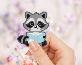 Cute Raccoon Reading Sticker Book Lover Animal Vinyl Decal Kawaii Bookish Gift for Reader Librarian Teacher and Student