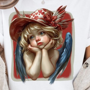 Sweet Valentine Cupido met rode hoed en blauwe engelenvleugels, Valentijn shirt sublimatie ontwerp, trendy cowgirl SVG Valentijn decor en ambachten