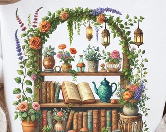 Botanical Bookshelf Art Print | Vintage Floral, Cottagecore Decor (Digital Download)