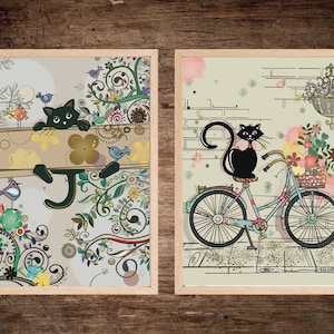 Adorable Black Cat Wall Art Set - 2 Funny Cat Posters for Your Feline-Inspired Decor Theme