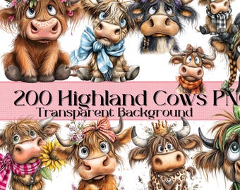 Pacchetto di clipart di mucche delle Highlands: 200 disegni PNG, SVG e JPG