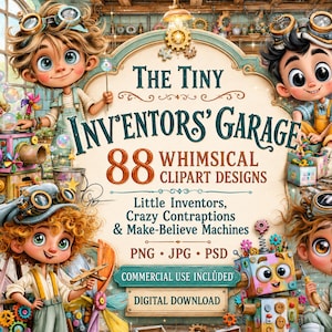Könnte beinhalten: Eine digitale Sammlung mit dem Titel The Tiny Inventors' Garage mit 88 skurrilen ClipArt-Designs. Das Bild zeigt vier Zeichentrickfiguren mit Schutzbrillen, umgeben von bunten mechanischen Apparaturen, Zahnrädern und Werkzeugen.