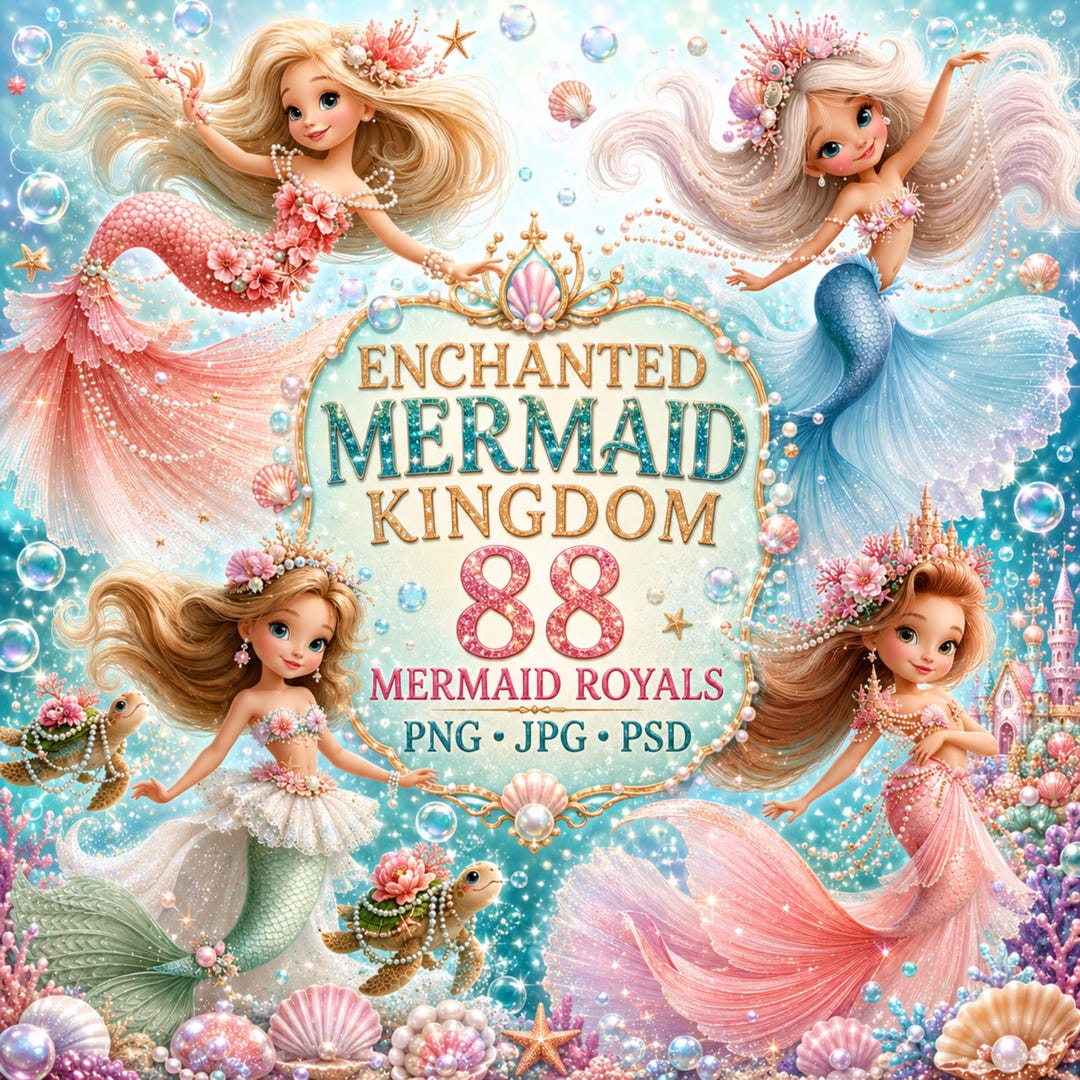 Enchanted Mermaid Royals Clipart Bundle, 88 Fantasy Ocean PNG JPG PSD ...