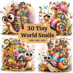 May include: A digital graphic set featuring four illustrations of snails with shells shaped like houses, including a book-stack home, a mushroom cottage, a pumpkin dwelling, and a castle, with the text 30 Tiny World Snails PNG JPG SVG.