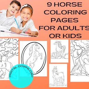 Horse Coloring Pages for Adult Coloring or Kids Coloring Books, 9 Digital Download coloring pages to Print at Home or Office