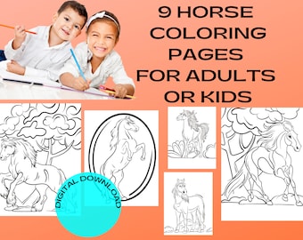 Horse Coloring Pages for Adult Coloring or Kids Coloring Books, 9 Digital Download coloring pages to Print at Home or Office