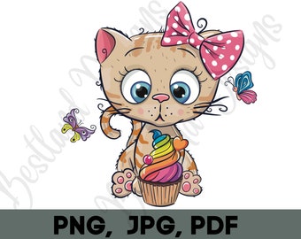 Kawaii Cat Clipart, Cupcake PNG, Kitten Sublimation (Digital Download)