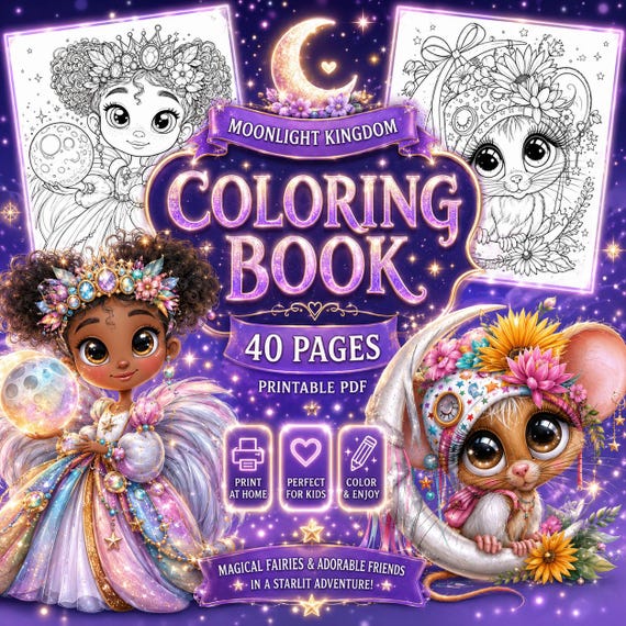 Moonlight Kingdom Coloring Book, 40 Printable Fairy Pages, Fantasy PDF (Digital Download)