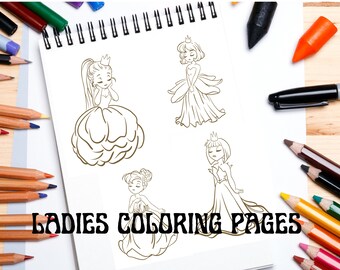 Pretty Lady Coloring Pages to Print, Line Art (Digital Download)