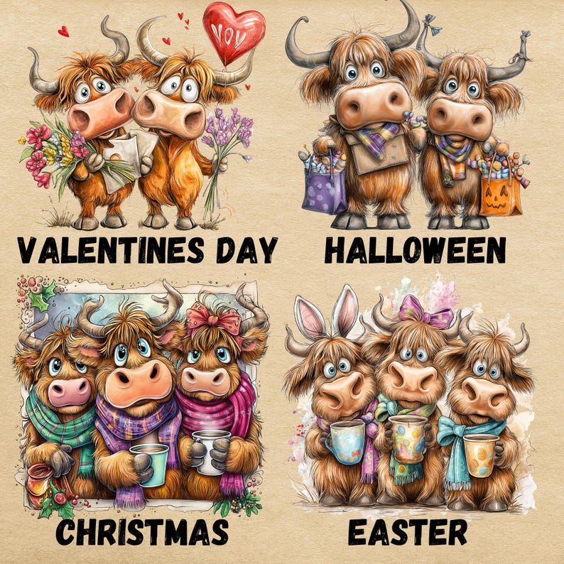 christmas highland cow in santa hat clipart