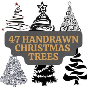 Op de afbeelding: Een verzameling van 47 handgetekende kerstboomontwerpen in zwart en wit. De bomen variëren in stijl, van minimalistische lijnkunst tot gedetailleerde, wervelende patronen. Sommige ontwerpen bevatten steraccenten.