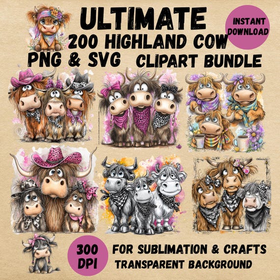 Highland Cow Clipart PNG & SVG Bundle – 200 Files, Sublimation Crafts