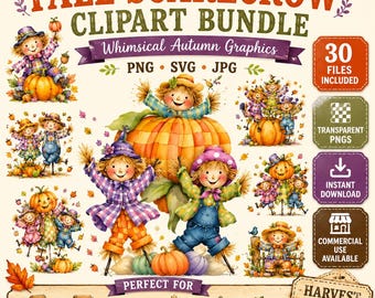 May include: A digital clipart bundle featuring various illustrations of scarecrows and pumpkins. The text reads FALL SCARECROW CLIPART BUNDLE, Whimsical Autumn Graphics, PNG, SVG, JPG, 30 FILES INCLUDED, TRANSPARENT PNGS, INSTANT DOWNLOAD, COMMERCIAL USE AVAILABLE.